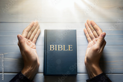Obraz na płótnie Hand praying over Bible book, prayer, culture and religion background, template, copy space area w salonie
