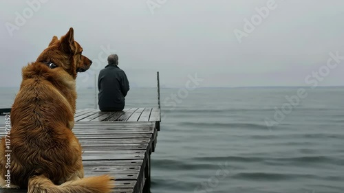 Dog sitting on a wooden pier with a male fisherman in the background. Silence and solitude on the sea or ocean shore.