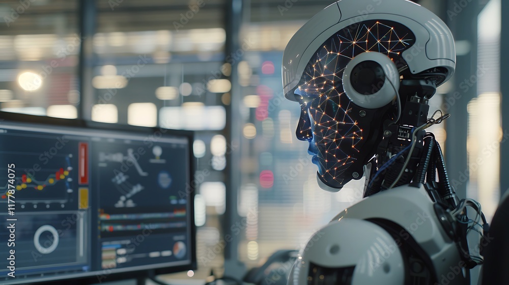 Fototapeta premium A humanoid robot with artificial intelligence analyzing deep learning models, viewing visualizations and trends on a computer screen in an office environment.