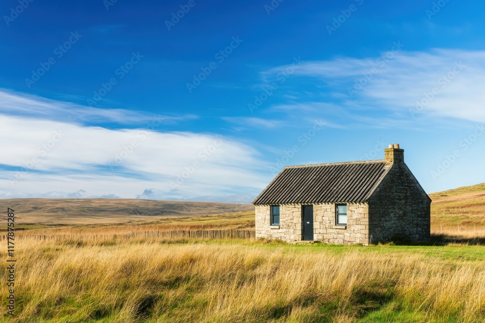 Nestled in a picturesque countryside, a charming stone cottage stands gracefully amidst lush green grass, all under a radiant blue sky during the day Nestled in a picturesque countryside, a charming stone cottage stands gracefully amidst lush green grass, all under a radiant blue sky during the day