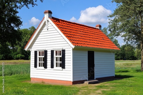 Wallpaper Mural Nestled in a vibrant green landscape, this delightful small white house features a striking red roof, perfectly set against a brilliant blue sky adorned with fluffy white clouds Torontodigital.ca