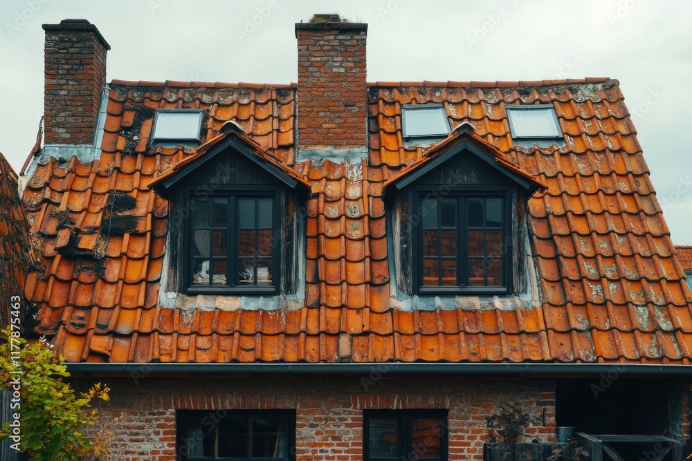 Obraz premium Nestled in a picturesque countryside, this adorable cottage features a charming rooftop adorned with terracotta tiles and delightful skylights, all set against a backdrop of a moody, cloudy day