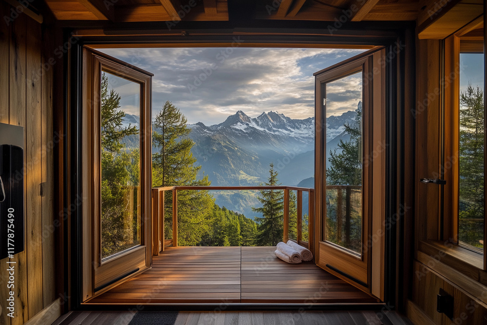 Obraz premium Modern wooden house overlooking a serene river in a lush forest during twilight