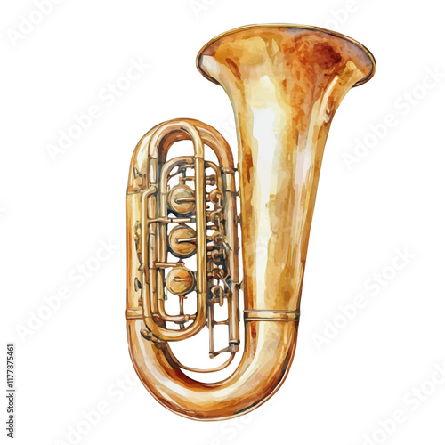 A watercolor of a tuba mouthpiece, isolated on a white background. Musical component vector.
