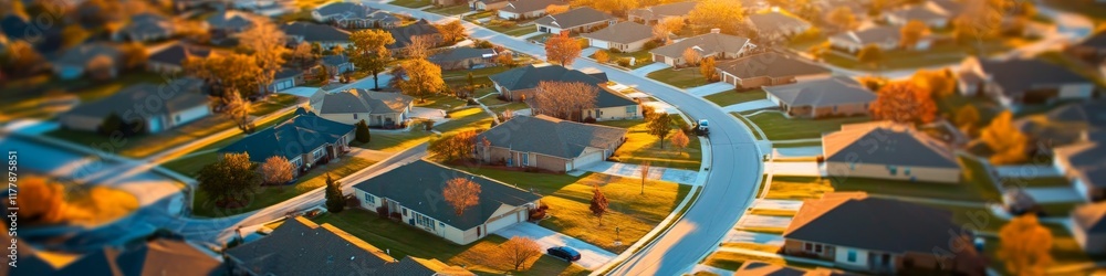 Obraz premium Aerial view of a suburban neighborhood at sunset with winding streets and houses.