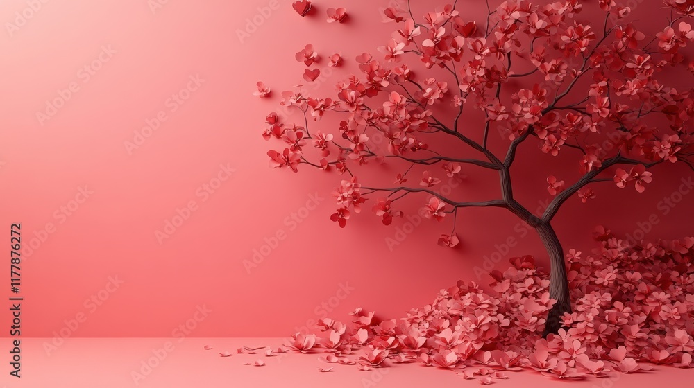 Fototapeta premium Paper Tree with Blossoming Pink Flowers and Delicate Branches