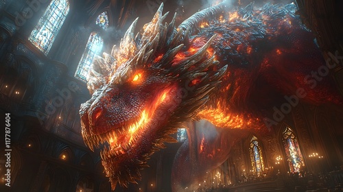 Gigantic Fiery Dragon Looming in Majestic Medieval Cathedral with Stained Glass Windows