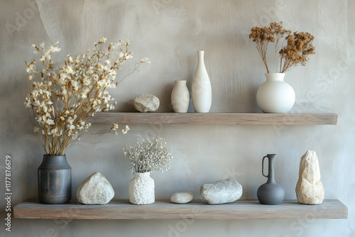 Minimalist shelf featuring decorative stone objects and dried flowers