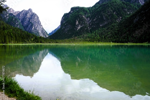 Wonderful landscape panorama at Lago di Dobbiaco, Toblacher See in the Dolomites, South Tyrol, Italy.  photo