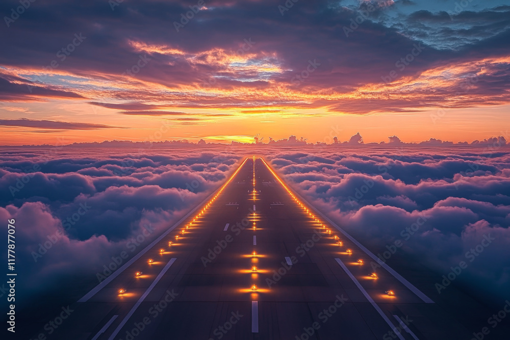 Fototapeta premium runway at airport stretches out like a gleaming ribbon, basking in golden hues of a radiant sunrise, with sky painted in a gradient of blue and yellow, as fluffy cumulus clouds drift lazily