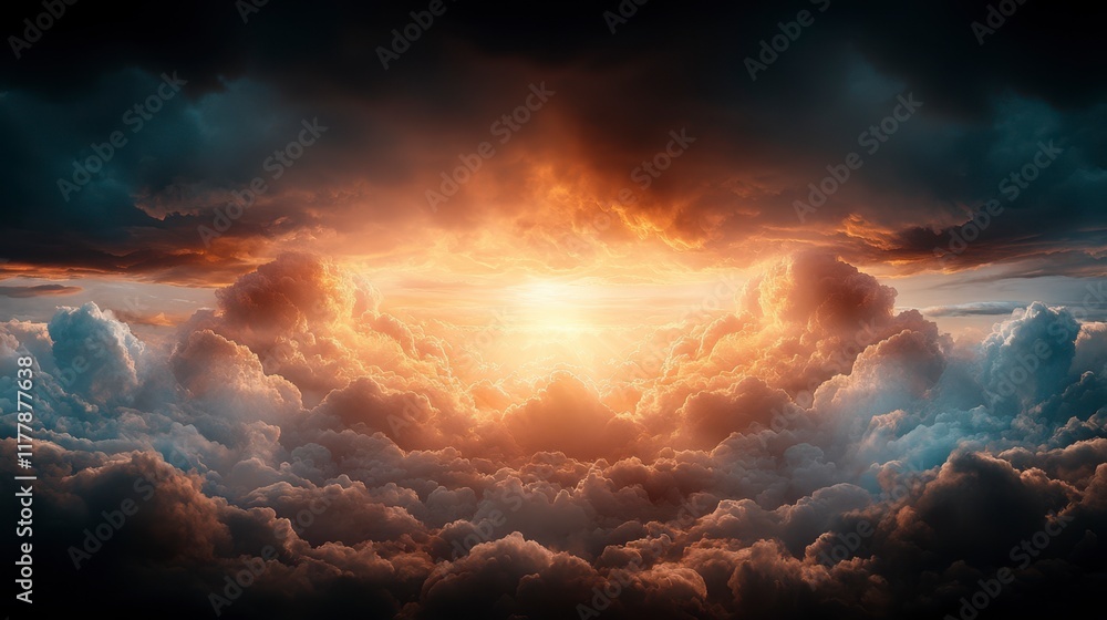 Naklejka premium Majestic sunrise breaks through dark clouds, illuminating the sky with golden hues and soft cotton-like formations above. Generative AI