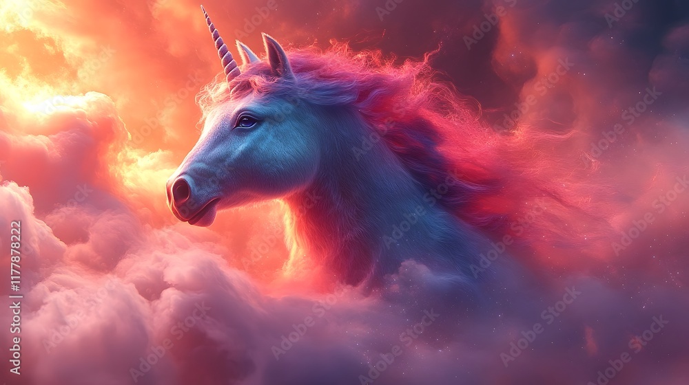 Majestic Mythical Unicorn Emerging from Dramatic Fiery Clouds in Ethereal Celestial Landscape Majestic Mythical Unicorn Emerging from Dramatic Fiery Clouds in Ethereal Celestial Landscape