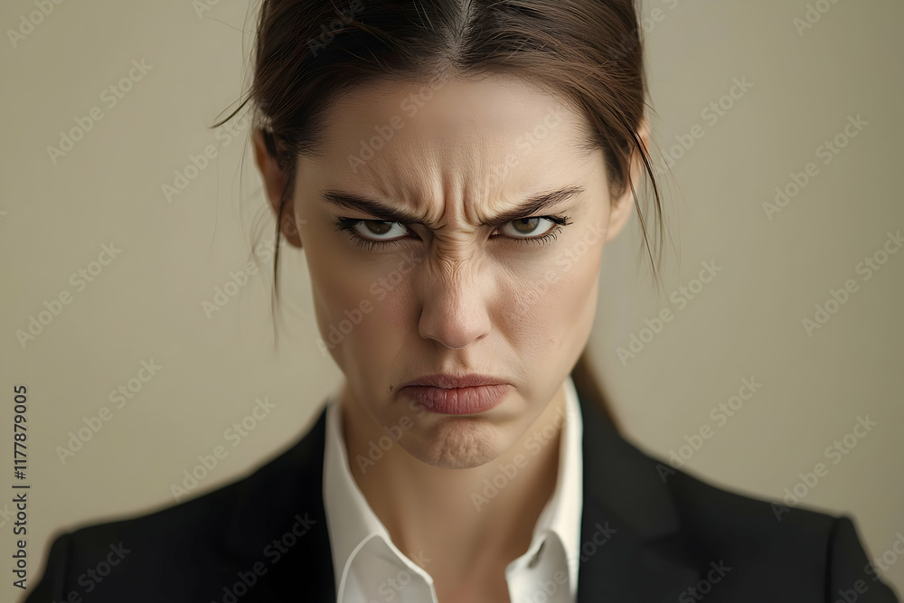 A strong, intense expression on a businesswoman's face, isolated on a neutral background, capturing the emotion. A strong, intense expression on a businesswoman's face, isolated on a neutral background, capturing the emotion.