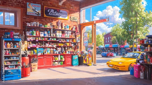 Wallpaper Mural Sunny day at a well-stocked auto parts store with a yellow car parked outside. Torontodigital.ca