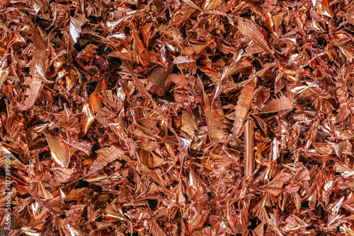 Copper scraps and waste, raw material for the non-ferrous metal recycling industry, industrial background close-up photo