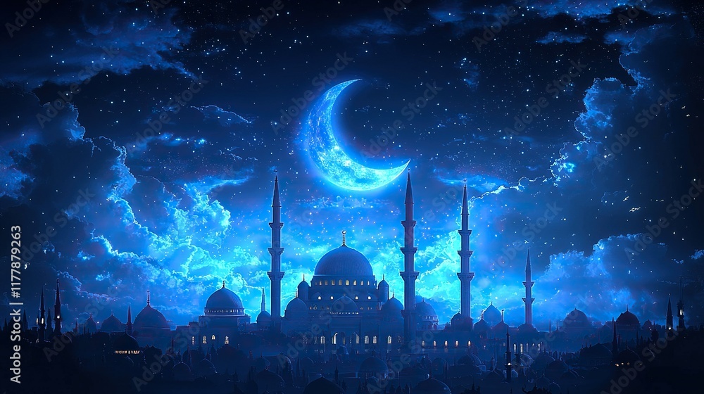 Crescent moon over illuminated mosque at night. (1) Crescent moon over illuminated mosque at night. (1)