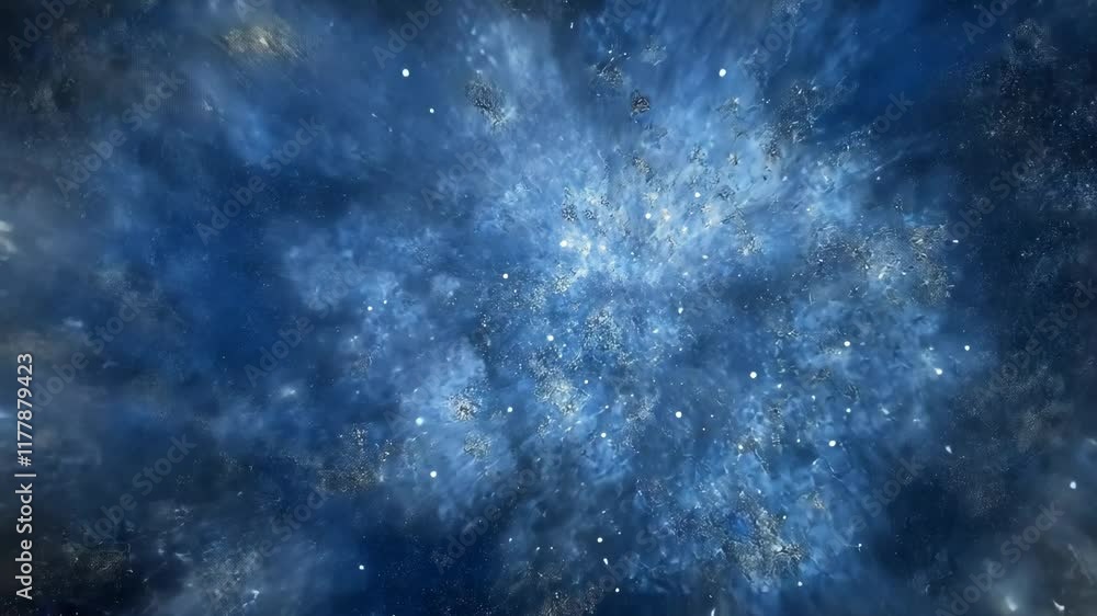 Vast cosmic explosion with swirling blue and white particles in dark space