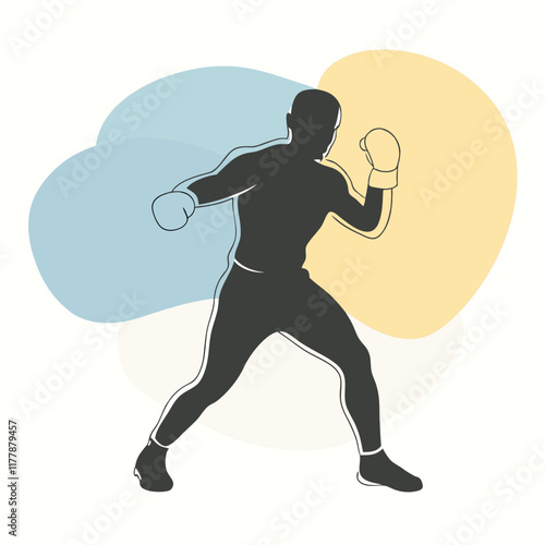 Vector silhouette of a boxer in a fighting stance, mid-action,  