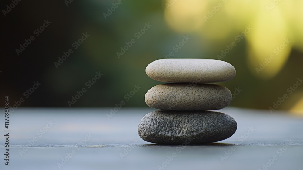 Three smooth stones stacked on a dark surface outdoors. Three smooth stones stacked on a dark surface outdoors.