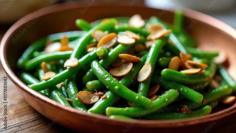 Sautéed Green Beans with Toasted Almonds: Classic Sides for Steak, Garlic Butter Sauce and Golden Nuts, Professional Food Photography in Copper Dish Sautéed Green Beans with Toasted Almonds: Classic Sides for Steak, Garlic Butter Sauce and Golden Nuts, Professional Food Photography in Copper Dish