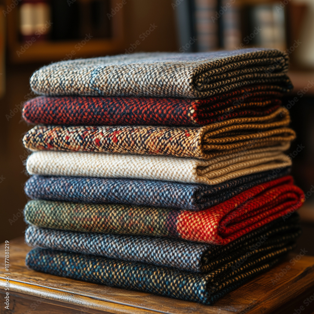 Cashmere scarves stacked on a table, different colors and patterns
Cashmere scarves stacked on a table, different colors and patterns