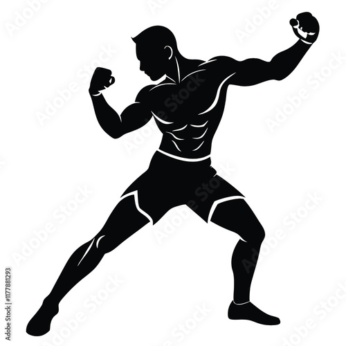 Vector silhouette of a boxer in a fighting stance, mid-action,  