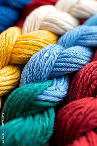 Colorful embroidery floss threads intertwined, close-up view, craft supplies, textured background, perfect for textile projects photo