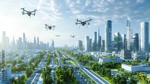 Unmanned aerial vehicles over futuristic city.