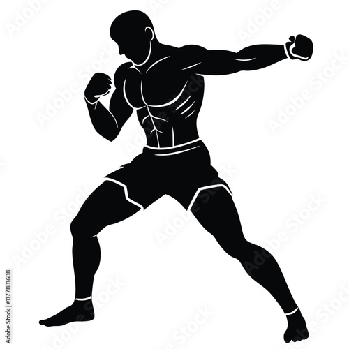 Vector silhouette of a boxer in a fighting stance, mid-action,  