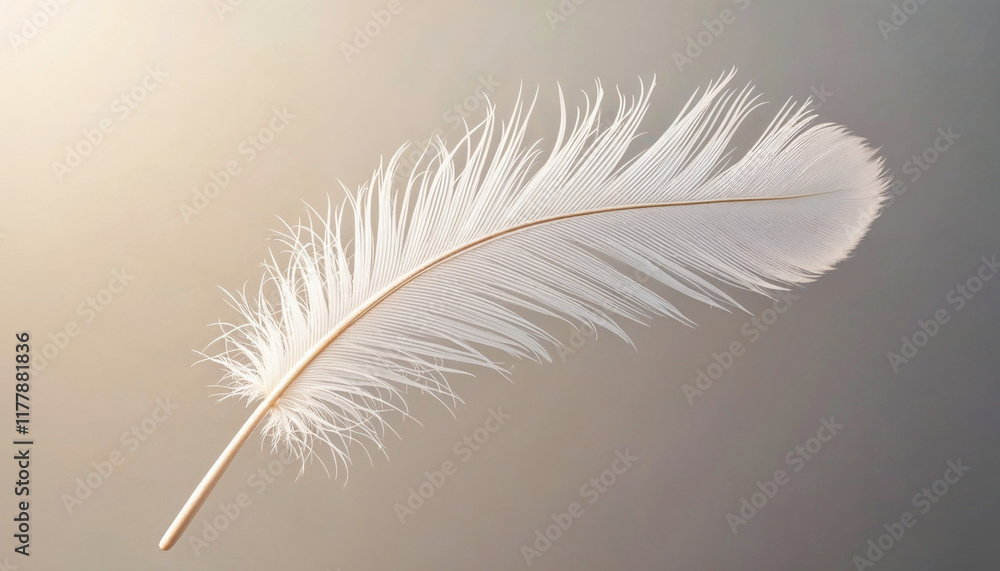 Obraz premium Soft white feather resting gently on a neutral background with delicate details and shadows captured in natural light