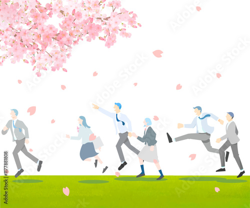 桜の木と土手沿いを走る学生男女ー横顔ー全身ー卒業入学ー人物シンプルベクターイラスト白バック背景素材