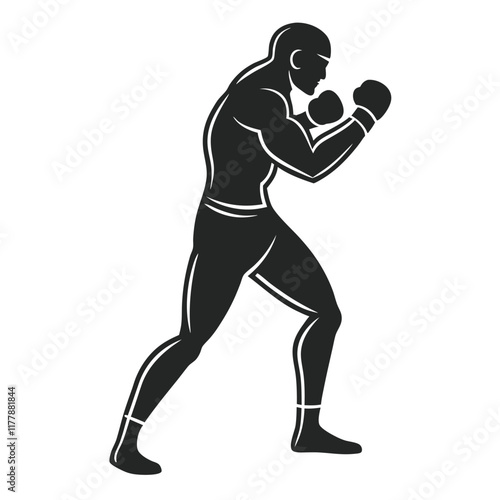 Vector silhouette of a boxer in a fighting stance, mid-action,  
