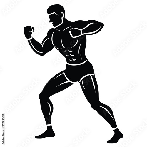 Vector silhouette of a boxer in a fighting stance, mid-action,  