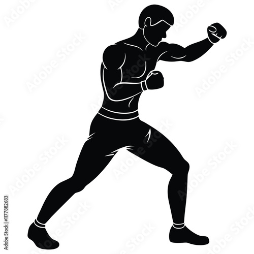 Vector silhouette of a boxer in a fighting stance, mid-action,  