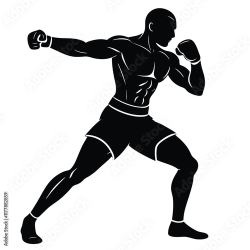 Vector silhouette of a boxer in a fighting stance, mid-action,  