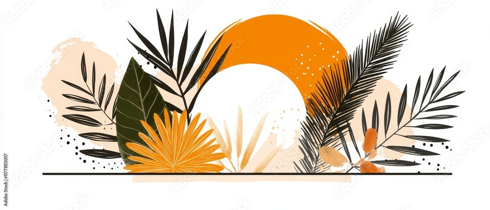 Fototapeta premium Abstract Tropical Leaves and Sun Design Orange and Green Botanical Illustration Modern Art Print