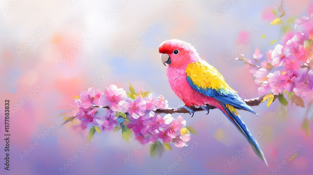 Vibrant pink and yellow parrot perched on a blossoming pink branch, soft-focus background. Vibrant pink and yellow parrot perched on a blossoming pink branch, soft-focus background.
