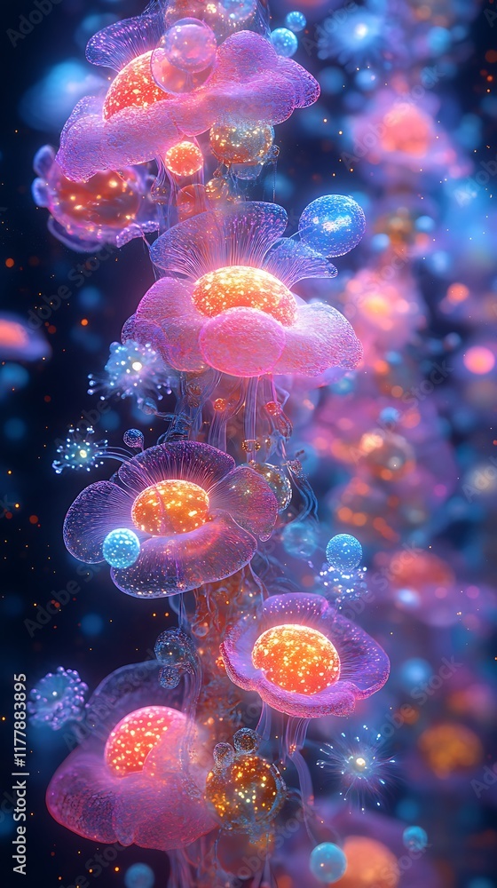 Colorful microbiology abstract glowing cells image Colorful microbiology abstract glowing cells image