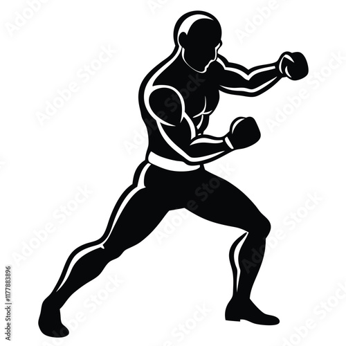 Vector silhouette of a boxer in a fighting stance, mid-action,  