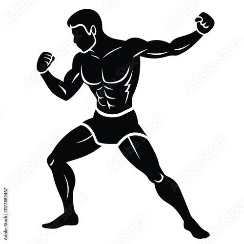 Vector silhouette of a boxer in a fighting stance, mid-action,  