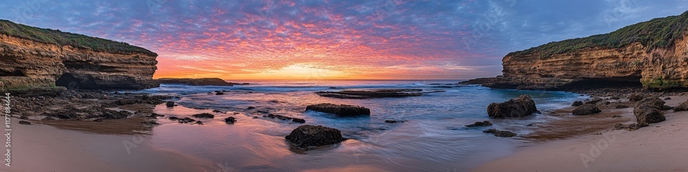 Obraz premium A scenic coastal landscape at sunset with vibrant clouds and rocky shorelines.