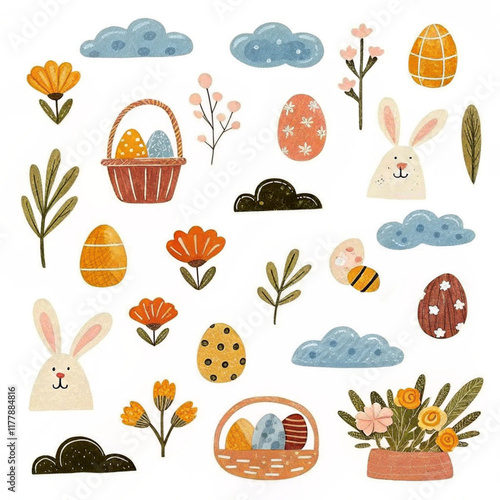Playful hand-drawn Easter decorations with eggs, rabbits, and floral designs celebrating the joy of spring