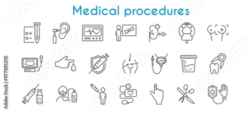 Medical procedures icon set. Vaccination, Blood Transfusion, Urine Test, X-ray, MRI, ECG, Bandaging, PCR, Laparoscopy, Tooth Extraction, ENT, Mammography, Organ Transplantation vector illustration.