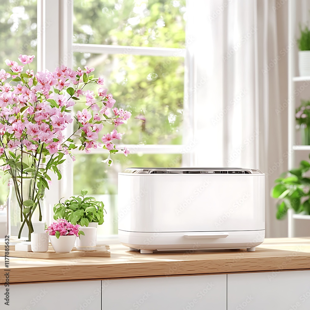 Fototapeta premium White kitchen appliance sits on a wooden counter next to pink flowers and greenery near a bright window.