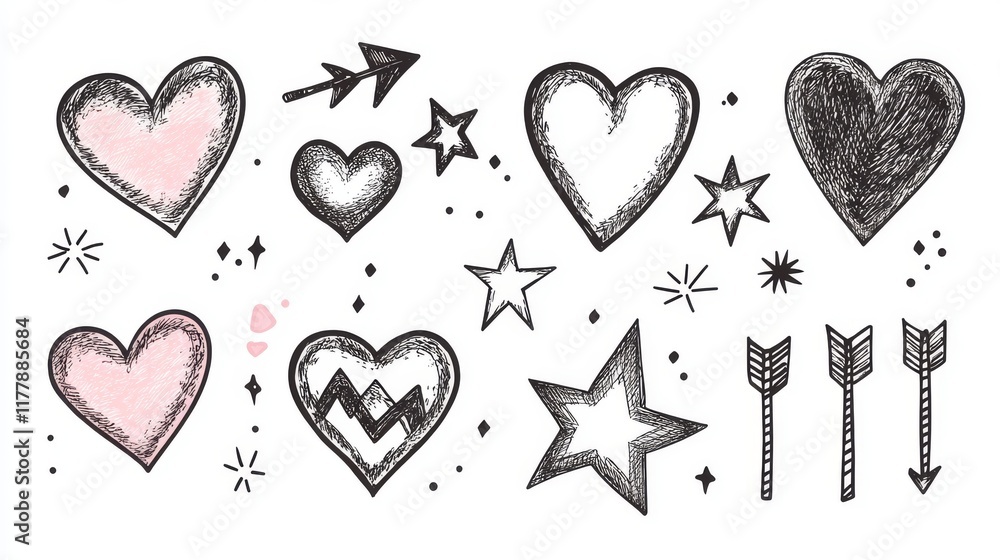 Doodle cute glitter pen line elements. Doodle heart, arrow, star, sparkle decoration symbol set icon. Simple sketch line style emphasis, attention, pattern elements. Vector illustration. Doodle cute glitter pen line elements. Doodle heart, arrow, star, sparkle decoration symbol set icon. Simple sketch line style emphasis, attention, pattern elements. Vector illustration.