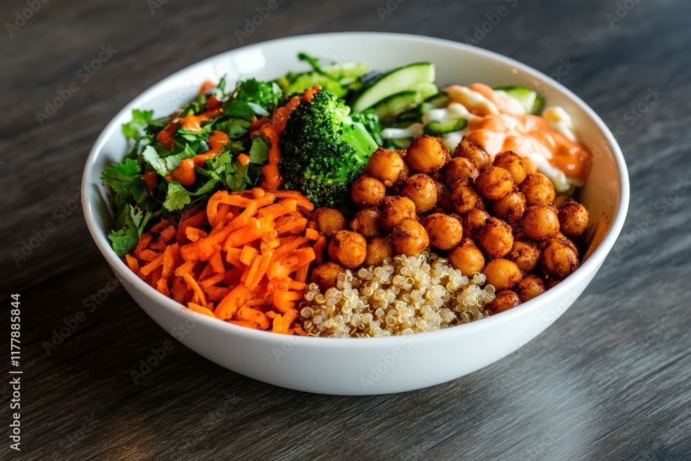 Vibrant vegan buddha bowl with chickpeas, quinoa, and fresh vegetables Vibrant vegan buddha bowl with chickpeas, quinoa, and fresh vegetables