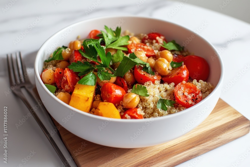 Quinoa and chickpea salad with fresh tomatoes and parsley in a white bowl Quinoa and chickpea salad with fresh tomatoes and parsley in a white bowl