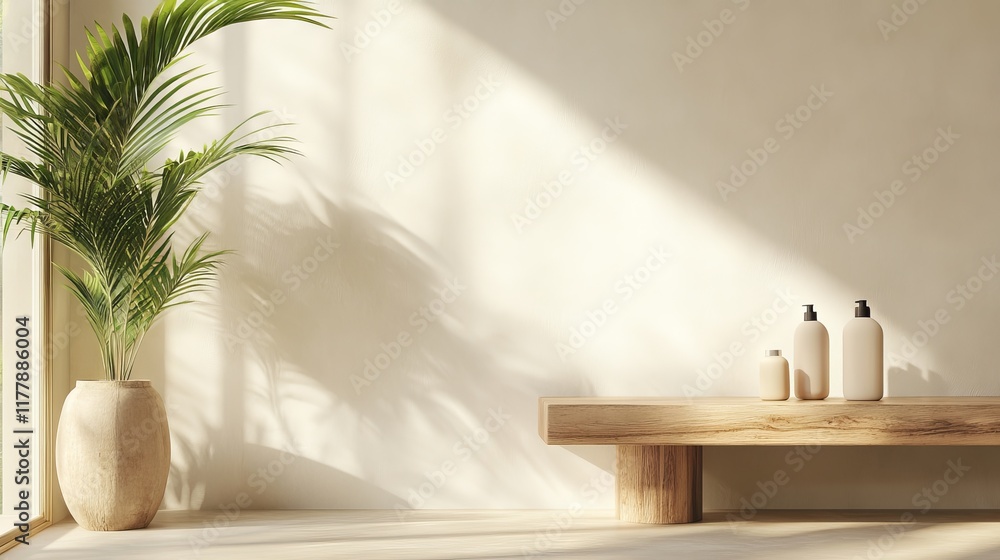 Wooden table counter, tropical tree and reeded glass partition in dappled sunlight on beige white wall for modern, luxury fashion, beauty, cosmetic, skincare, body care, product background 3D Wooden table counter, tropical tree and reeded glass partition in dappled sunlight on beige white wall for modern, luxury fashion, beauty, cosmetic, skincare, body care, product background 3D