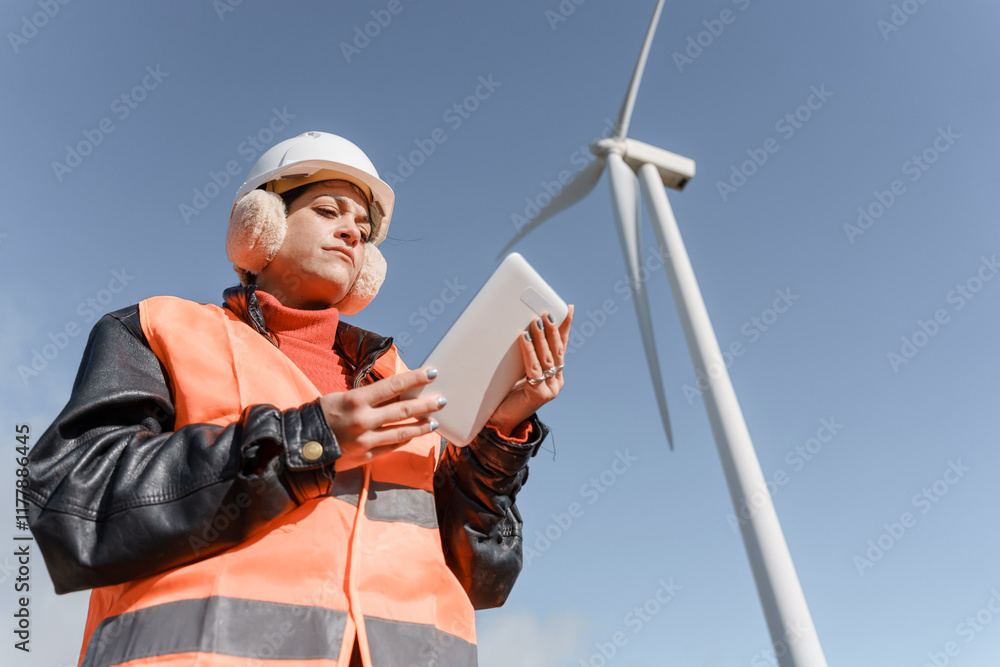 Naklejka premium Female engineer inspecting wind turbine with digital tablet in cold weather