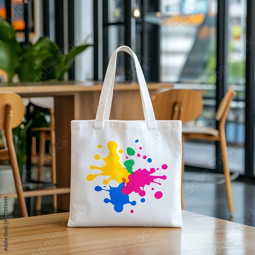 Wallpaper Mural White tote bag with colorful paint splatter design on wooden table in cafe. Torontodigital.ca